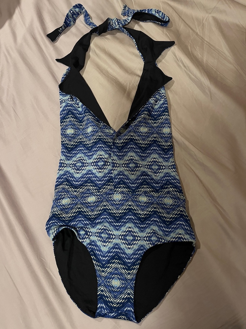 Handmade FULLY REVERSIBLE Blue Geometric Halter Swimsuit - one of a kind
